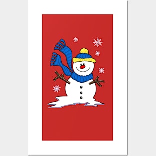 Happy Little Snowman with Snowflakes Posters and Art